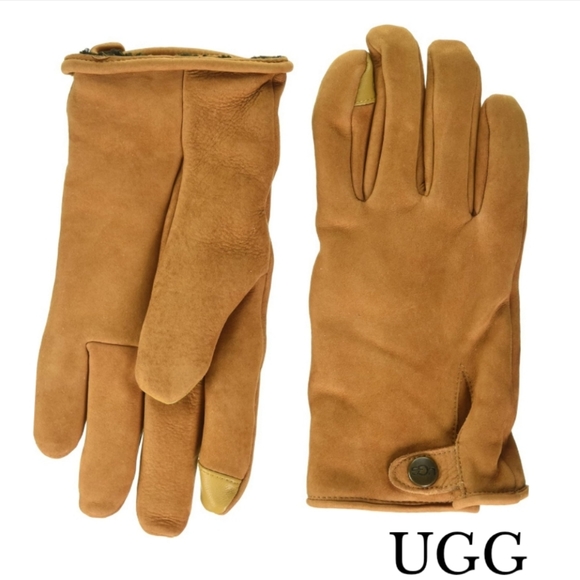 UGG Men’s Tabbed Splice Vent Suede Leather Gloves -Chestnut Large (L) - Picture 1 of 6